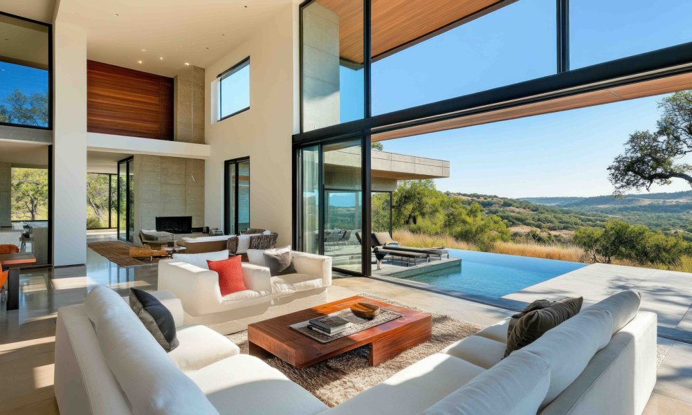 Modern home living room, hilltop pool view, Texas landscape, luxury real estate - AdobeStock_1257569597-min